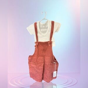 Zenana Outfitters Rust Red Short Overalls with Ivory Tee